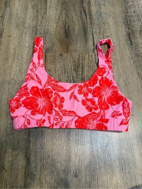 Pink Floral Scoop Bikini Top with Red Hibiscus Print, Kulani Kini Small